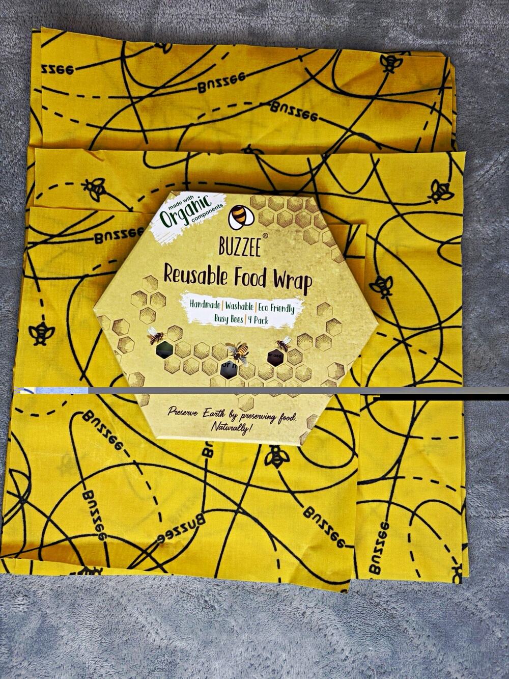 Buzzee Organic Reusable Beeswax Food Wrap 4 Pack Busy Bees Eco Friendly Open Box